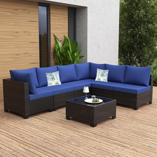 7 Pieces Patio Furniture Set, Outdoor Sectional Rattan Sofa Set, Wicker Patio Conversation Set with Cushions and Glass Coffee Table, for Balcony, Porch, Garden, (Brown/Blue)