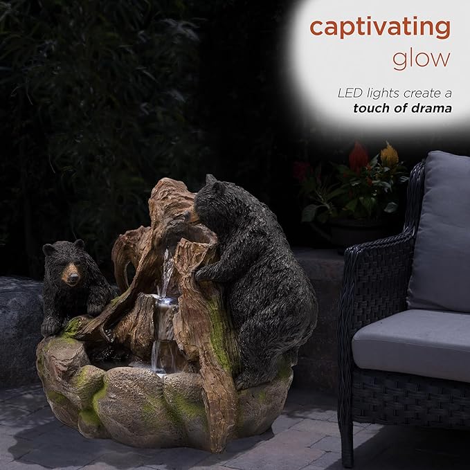 Alpine Corporation GXT252 24" Outdoor Floor Bears Climbing Fountain with LED Lights, Playful Bears Garden Water Feature, Cascading Waterfall for Backyard & Patio Décor, Brown/Black