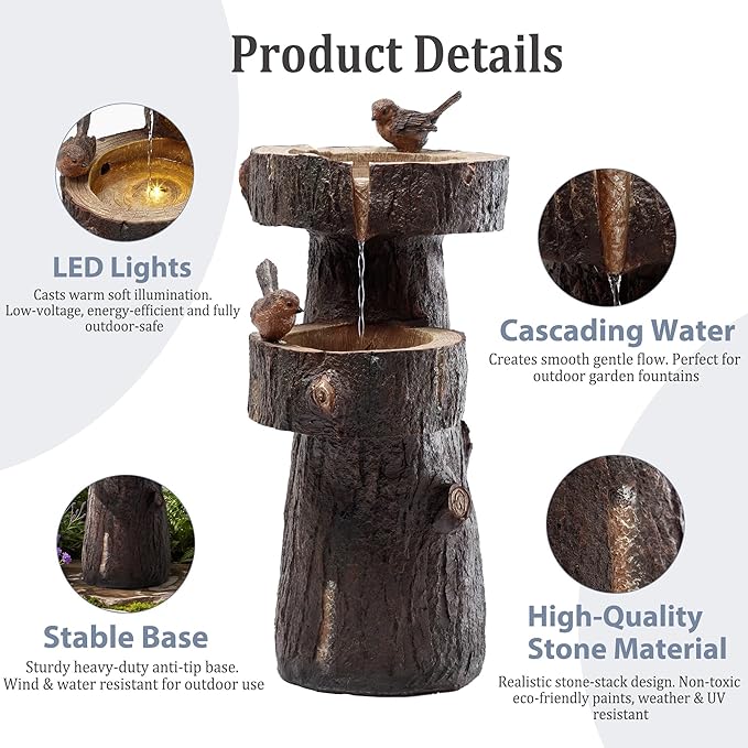 22.4" Tall Outdoor Water Fountain, 2 Tier Cascading Bowls and Stacked Water Fountain with LED Lights, for Yard Décor, Backyard, Patio and Deck (22.4'')