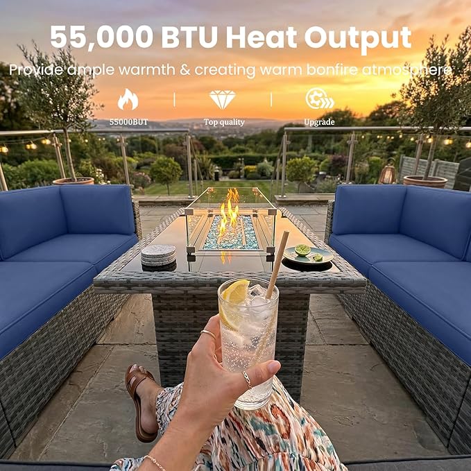 10 Pieces Patio Furniture Set with 44" Propane Gas Fire Pit Table, Outdoor Sectional Wicker Conversation Sofa Sets with Coffee Table