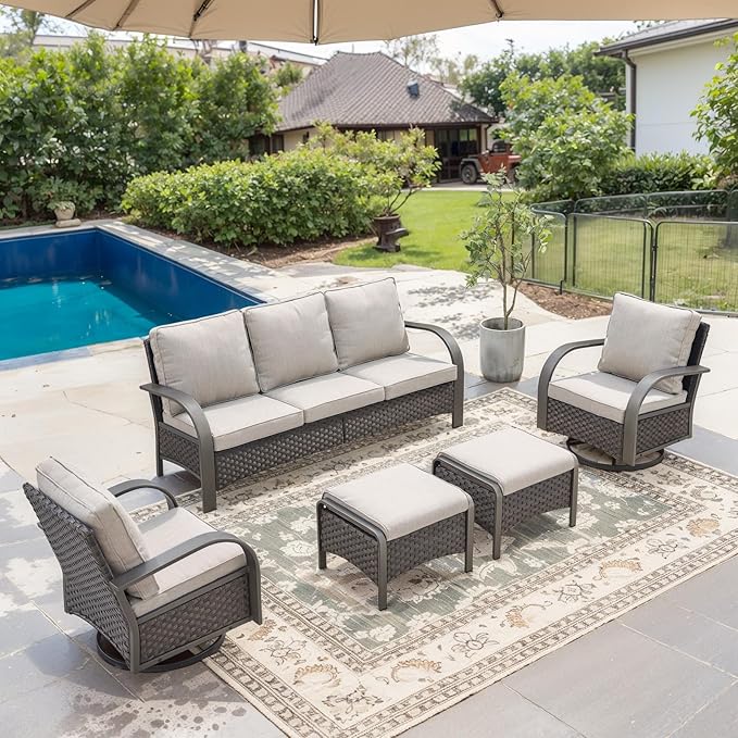 Belord 5-Piece Outdoor Patio Furniture Set All-Weather Wicker Couch with Swivel Rocker Outdoor Chairs and Multi-Functional Ottomans, Patio Conversation Set for Backyard Garden Balcony