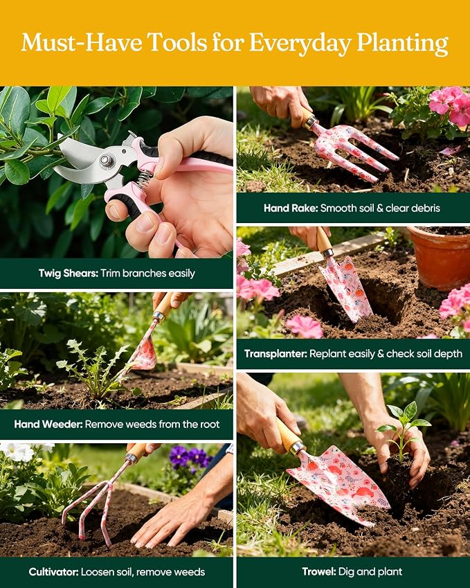 Grenebo 12-Piece Womens Gardening Tools Gift Set, Rust-Proof & Heavy-Duty Garden Tools with Durable Carrying Case, Fashionable & Thoughtful Gardening Gifts for Women&Men (Pink) - Image 4
