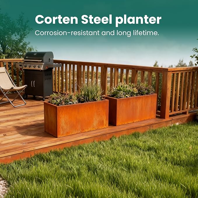 Corten Steel Planter Box Rectangular Planters 32" L x 16" W x 16" H Large Outdoor Planter Metal Planter Box for Tall Plant Trough Rustic for Garden Yard Commercial Residential