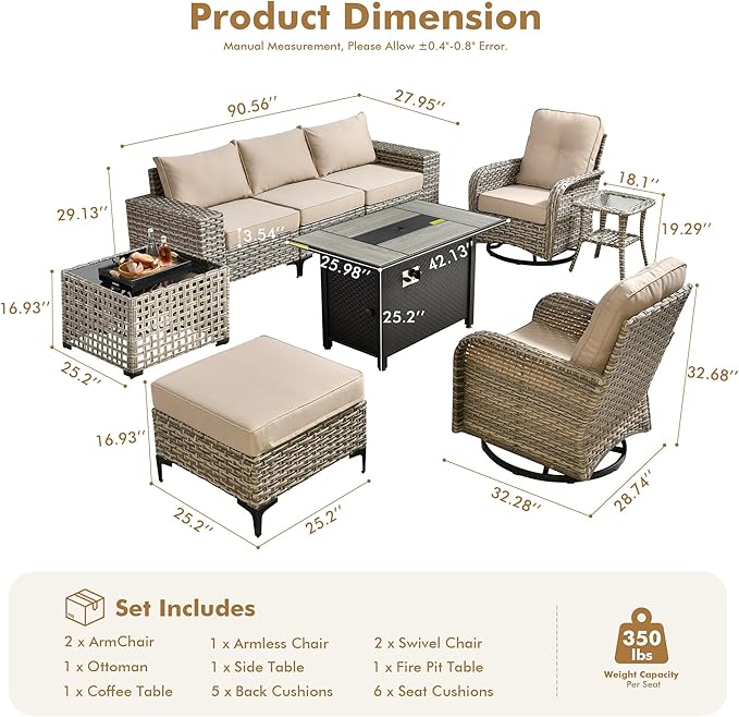 Patio Furniture Set,9 Pieces Outdoor Wicker Conversation Sets with 42 in Fire Pit Table,2 Wicker Rocking Chair & Coffee Table,Outdoor Sectional Sofa for Balcony Backyard Poolside Garden Lawn(Beige)