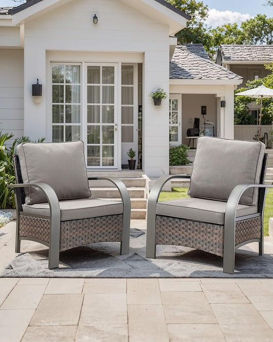 HUMMUH Outdoor Wicker Patio Chairs Set of 2-High Back Patio Dining Chairs Outdoor Patio Chairs for Deck Porch Lawn Garden Backyard-Brown/Grey