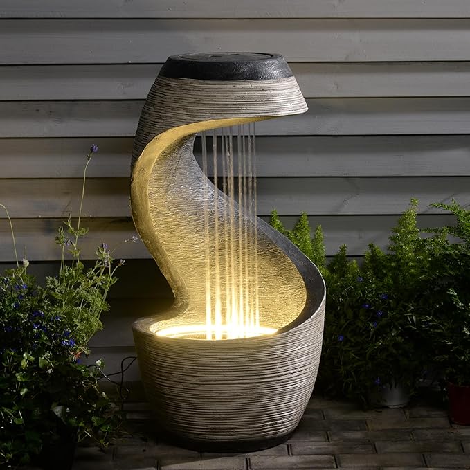 37" H S-Curve Waterfall Fountain, Floor-Standing Outdoor Water Fountain with Light, Modern Garden Water Feature Outdoor Rainfall Indoor Waterfall Feature for Patio Garden Decor