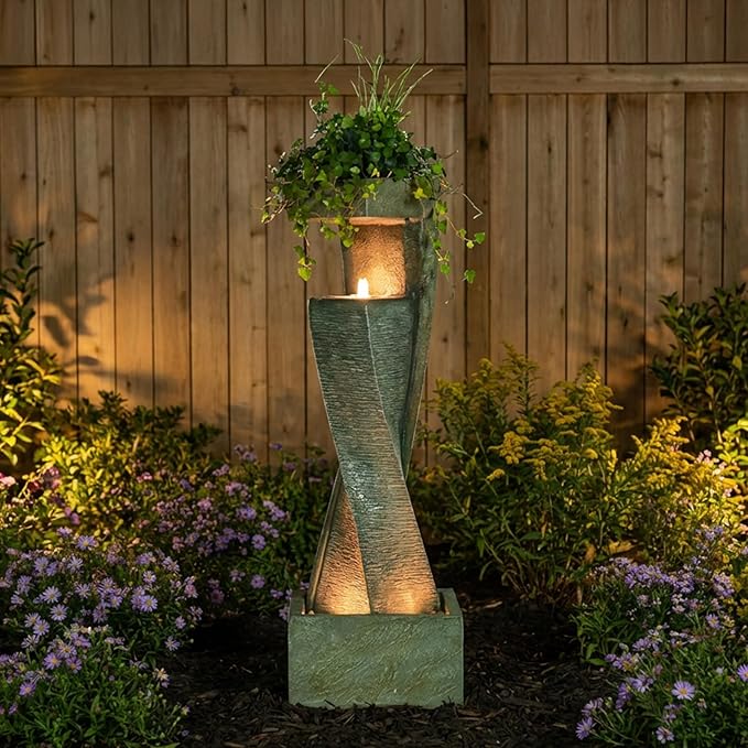47.2" H Garden Fountains Outdoor Modern Water Fountain Indoor Floor Standing Large Waterfall with LED Lights and Pump for Patio Decor, Yard Decorations