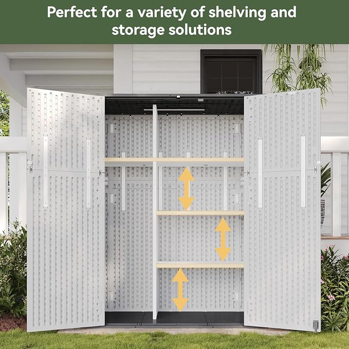 Aoxun 61 Cu.Ft Outdoor Storage Shed with Metal Shelving Kit, Widened Outdoor Storage Cabinet Waterproof Vertical Resin Shed with Floor for Garden Tools, Pool Equipment, Easy to Assemble (White) - Image 3