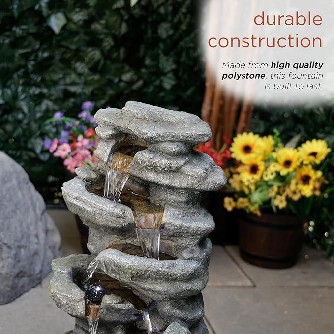 Alpine Corporation 24" H Outdoor Waterfall Floor Fountain with White LED Lights, Gray