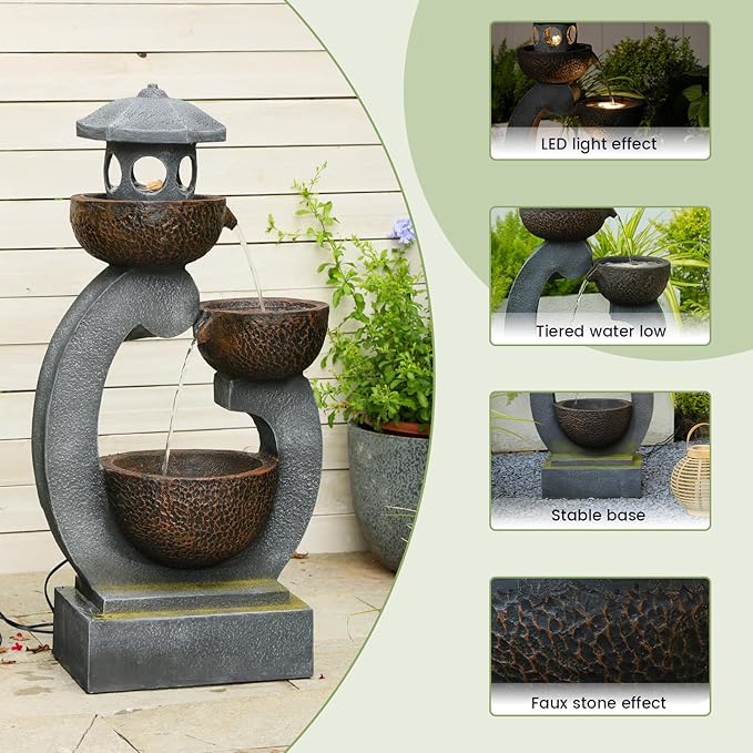 Outdoor Water Fountain with LED Lights, 3-Tier Zen Garden Fountain for Patio, Yard & Porch Decor – Durable Resin Waterfall Feature with Modern Japanese-Style Design, 35” Tall