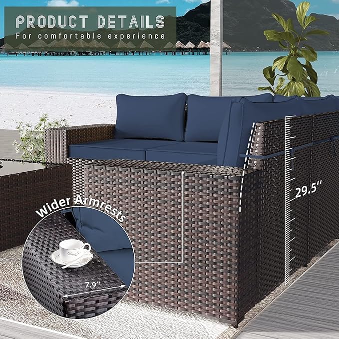 6 PCS Outdoor Patio Furniture Set,Outdoor Sectional Furniture All Weather PE Rattan Wicker Patio Conversation Set with Coffee Table and 5 Thickened Cushions,Navy Blue