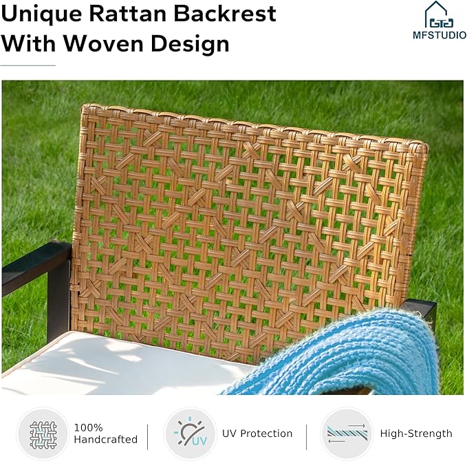 MFSTUDIO 4 Pieces Outdoor Patio Furniture Set, Outdoor Small Brown Rattan Sofa with Acacia Wood Table & Chairs, Patio Loveseat Furniture Set for 4, Beige