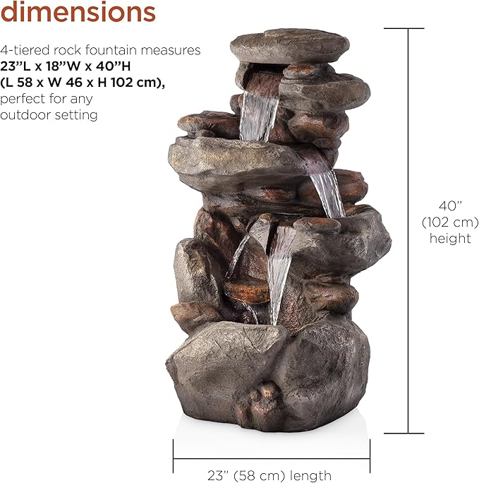 Alpine Corporation | 40" 4-Tier Rock Floor Fountain with Cascading Water & White LED Lights, Tranquil Outdoor Water Feature for Garden, Patio, Yard & Deck, Light Gray