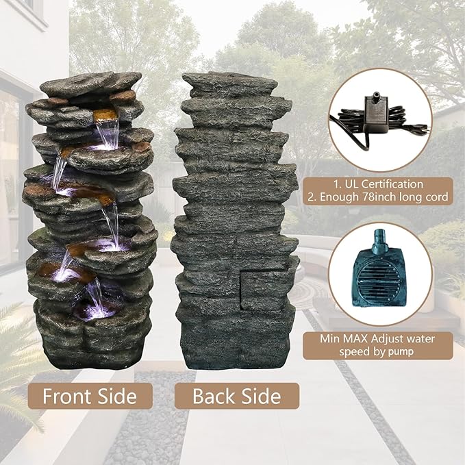 Naturefalls 40inches High Outdoor Rock Water Fountain with LED Lights - 6-Tiers Poly-Resin Cascading Waterfall Fountain for Garden, Patio, Yard, Home Decor