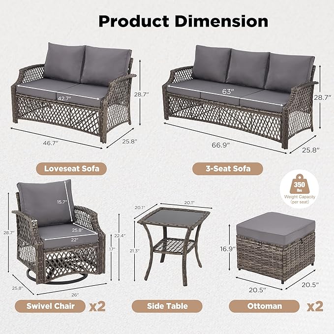 HOMREST 7 Piece Patio Furniture Set, Wicker Outdoor Conversation Sofa Set with Swivel Chairs, 2 Ottomans, Glass Side Table, Rattan Outdoor Sectional for Deck Backyard Porch （9 Seats, Gray）