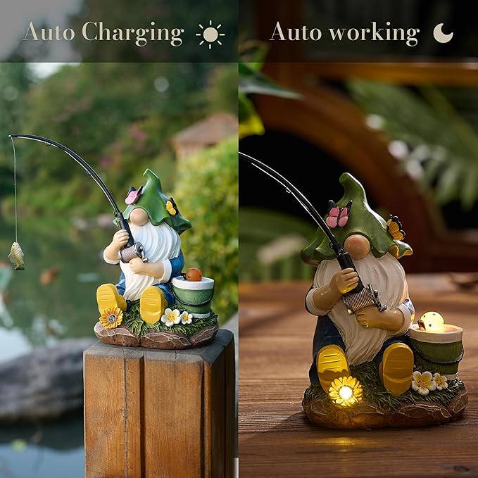 TERESA'S COLLECTIONS Resin Outdoor Statue with Solar Outdoor Lights for Garden Decor,Christmas Garden Gnome Fishing for Outside Yard Porch Patio Lawn,Ideal Gift for Women and Man 8.9"