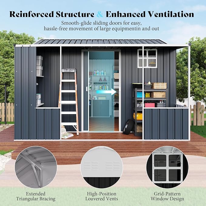 VanAcc 10×10.5×7 FT Metal Storage Shed, Dual-Zone Tool Shed with Work Area, Reinforced Frame, Gable Roof, Ventilated Design, Dark Grey - Image 4