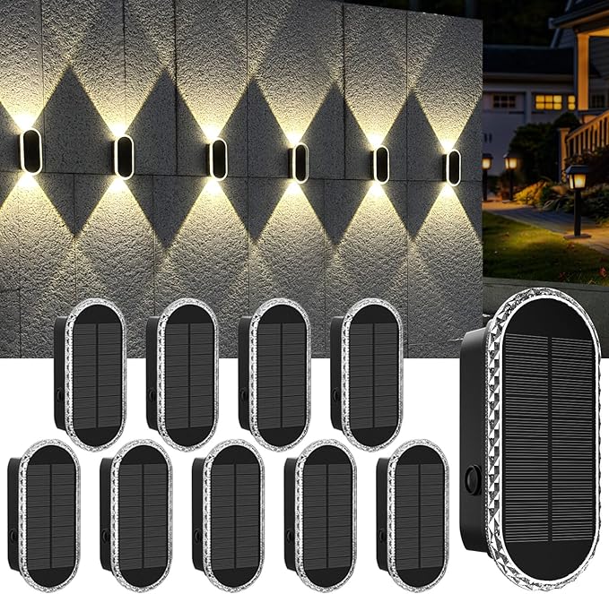 Solar Fence Lights Outdoor, 3000K/4000K/6000K 3 Modes Solar Wall Lights Outdoor Waterproof, Up&Down Dual-Head Outdoor Solar Lights for Yard House Fence Backyard Deck Garden Patio Porch, 10 PK