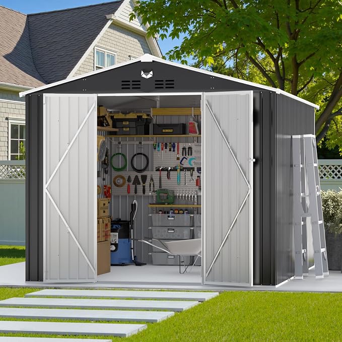 10x12 FT Outdoor Storage Shed, Metal Garden Shed - Tool Storage Sheds with Lockable Doors, Waterproof Outside Storage Building for Backyard, Patio (Black; Floor Not Included) - Image 3