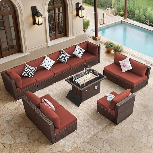 BULEXYARD 11 Piece High Back Wicker Patio Furniture Sets with Fire Pit, Luxury Extra Large Size Outdoor Seating Set, Comfortable Extra Wide Deep 10-Seater Sectional Couch Sofa for Outside, Brown & Red