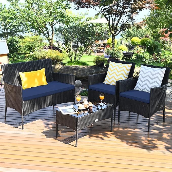 4 Pieces Patio Furniture Set, Outdoor Conversation Set with Ergonomic Curved Backrest, Patio Chair Set with Water-Resistant Cushion & Tempered Glass Table for Balcony, Porch (Navy Blue)
