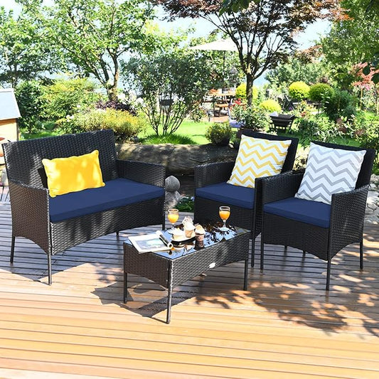 4 Pieces Patio Furniture Set, Outdoor Conversation Set with Ergonomic Curved Backrest, Patio Chair Set with Water-Resistant Cushion & Tempered Glass Table for Balcony, Porch (Navy Blue)
