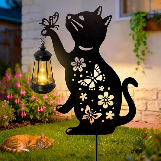 ANGMLN Cat Solar Lights Outdoor, Black Cat Hanging Lantern Waterproof, Cat Lover Gifts for Women Mom Birthday Mother's Day, Metal Garden Statue Yard Decor Patio Pathway Backyard Lawn Ornaments