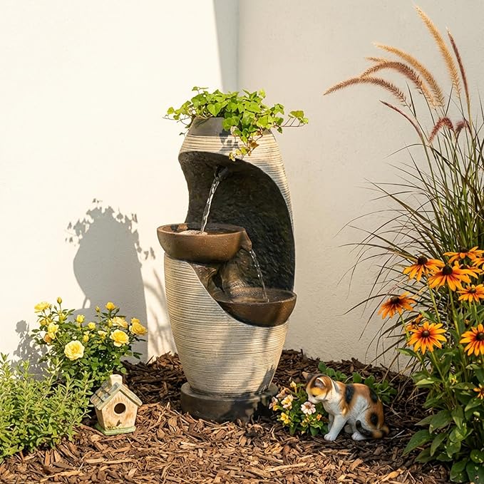 2-Tier Bowl Water Fountain with LED Lights, 27.95" Tall Freestanding Outdoor & Indoor Garden Waterfall Fountain for Yard, Patio, Backyard, Floor Standing Home Decor