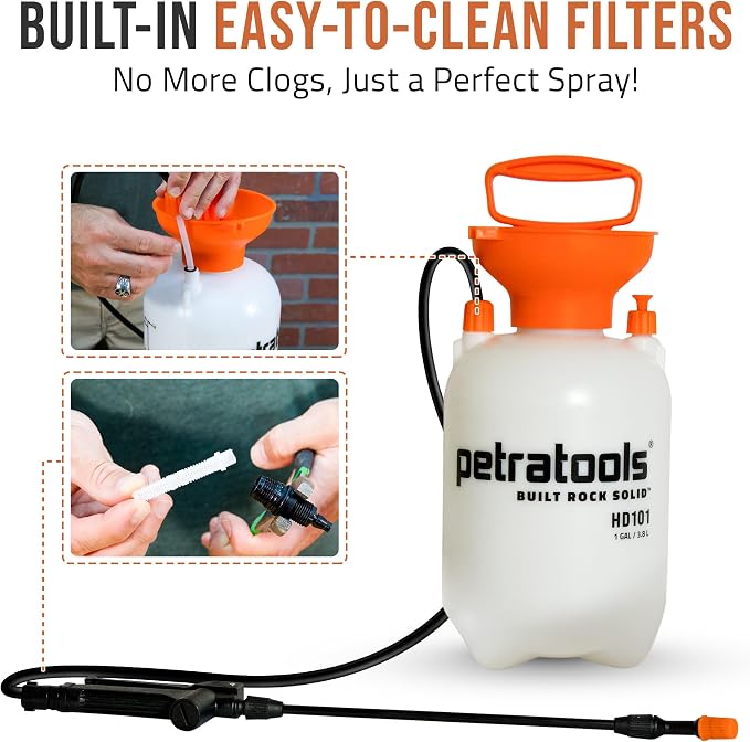 Petratools 1 Gallon Pump Sprayer – HD101 Garden Sprayer for Weeds, Lawn Care & Pesticides – 52” Long Hose, 2 Nozzles & Easy Carry Handle – Durable & Lightweight - Image 6