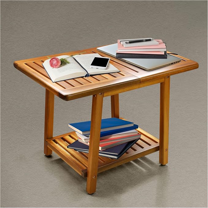 ENKEZI Acacia 24 Inches Outdoor Side Table, 2-Tier Sturdy Patio, End Table Weather Resistant, Strong Stability Side Table for Patio, Pool, Porch, Teak Finish (Large) - Image 8