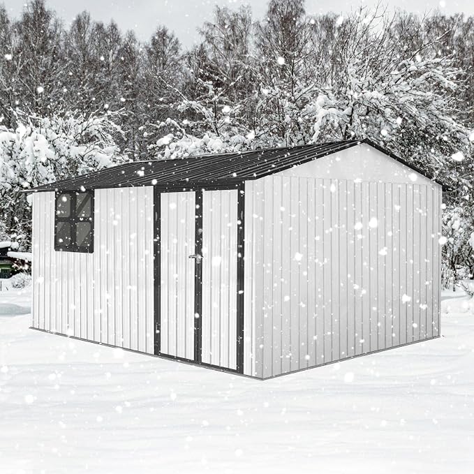 10x12 FT Outdoor Storage Shed, Large Metal Garden Shed with Window & Hinged Door, Upgraded Outside Tool Shed with Foldable Worktable & 2 Shelves, Waterproof Storage Building for Backyard, White+Black - Image 5