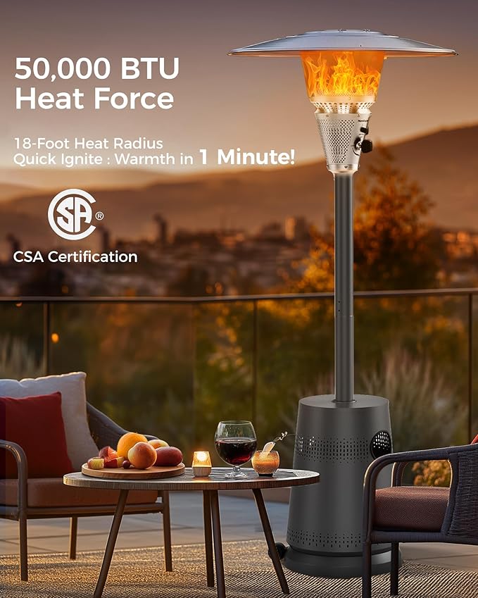 50,000 BTU Patio Heater for Outdoor Use, Portable Propane Patio Heater with Wheels, Stainless Steel Burner for Porch, Deck, Garden, Commercial (Black)