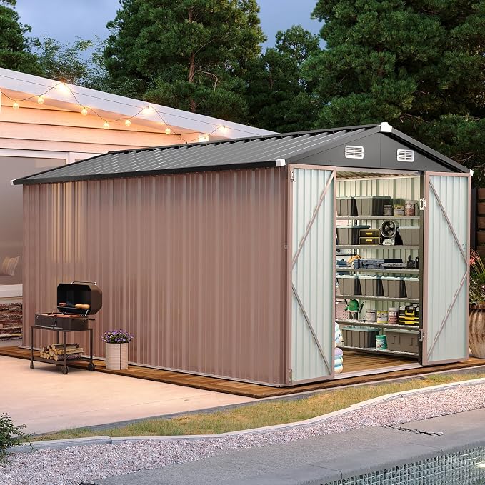 Aoxun 12x7.5 FT Shed Outdoor Storage Shed with Spacious Door Large Sheds with Double Lockable Door Galvanized Metal Shed for Garbage Can, Bike, Mower, Brown by Aoxun