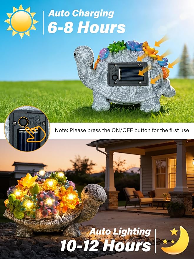 Solar Garden Statues, Outdoor Solar Turtle Decor with Succulent and 8 LED Lights, Outside Yard Figurine Decor for Garden, Lawn, Patio, Balcony, Porch, Unique Gifts for Mom Grandma