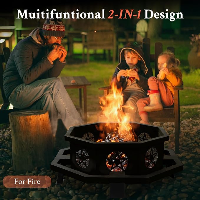 Verdeluxe 43 Inch Octagonal Fire Pit with Cooking Grill,Outdoor Wood Burning Fire Pit for Camping Outside Picnic Bonfire,Heavy Duty Firepit for Backyard Garden Patio - Image 6