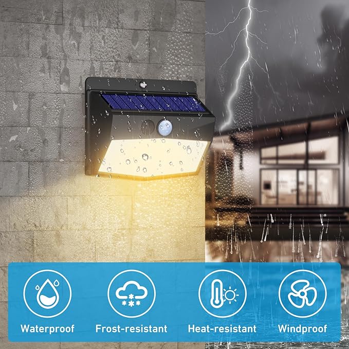 Peasur Solar Outdoor Lights, [4 Packs] Motion Sensor Security Lights with 3 Lighting Modes Wall Lights Waterproof Solar Powered Lights for Garden Yard, Warm