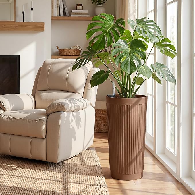 Set of 2 Self-Watering 24in Plastic Round Planters with Vertical Stripe Design – Indoor Outdoor Flower Pots for Plants, Herbs, Small Trees