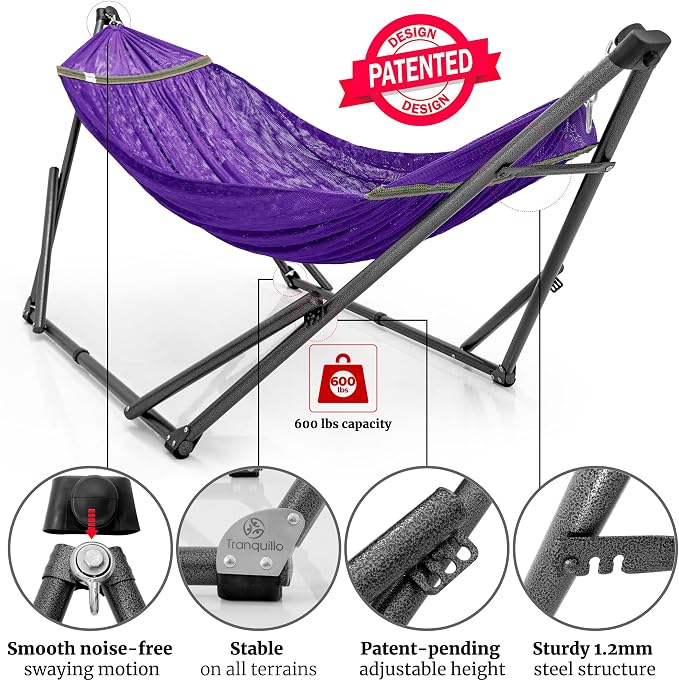 Tranquillo Combo x2 Hammocks with Stand for Outside & Tree Straps, Heavy Duty Hammock with Stand 600lbs for Indoor Outdoor Patio Backyard, x2 Hammocks for 2 Person (Combo - Purple, Medium) - Image 3