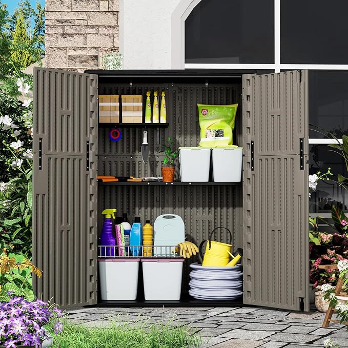 ZZM 57 Cu.ft Outdoor Storage Shed HDPE Storage Cabinet, Double-Wall Resin Sheds with Floor Vertical Lockable Sheds Garden Tools Trash Can, Lawn Mower, Bike Storage, Waterproof, Brown - Image 4