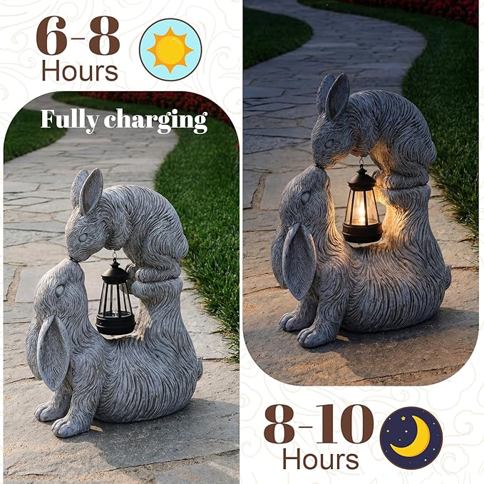 Pinkunn Easter Large Garden Statues Kissing Bunny Sculpture with Solar Lights 14.6" x 11.8" Easter Bunny Decoration Rabbit Lantern Figurine Outdoor Garden Yard Balcony Ornament Gift for Women Day
