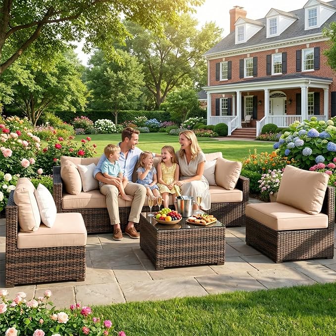 7 Piece Patio Furniture Set, Outdoor Wicker Sectional Sofa - All Weather High Backrest PE Rattan Couch Conversation Set with Cushion & Glass Top Table for Backyard Deck (Beige, L-7 pcs w/Glass Table)