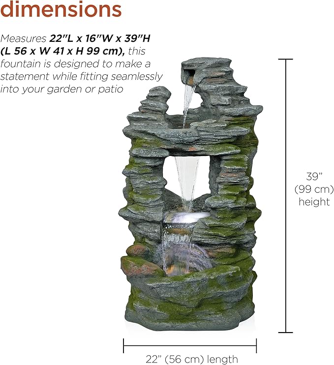 Alpine Corporation WIN1648 39" Stacked Stone Rainforest Fountain with Cool White LED Lights – Cascading Waterfall Feature for Garden, Patio, and Outdoor Décor