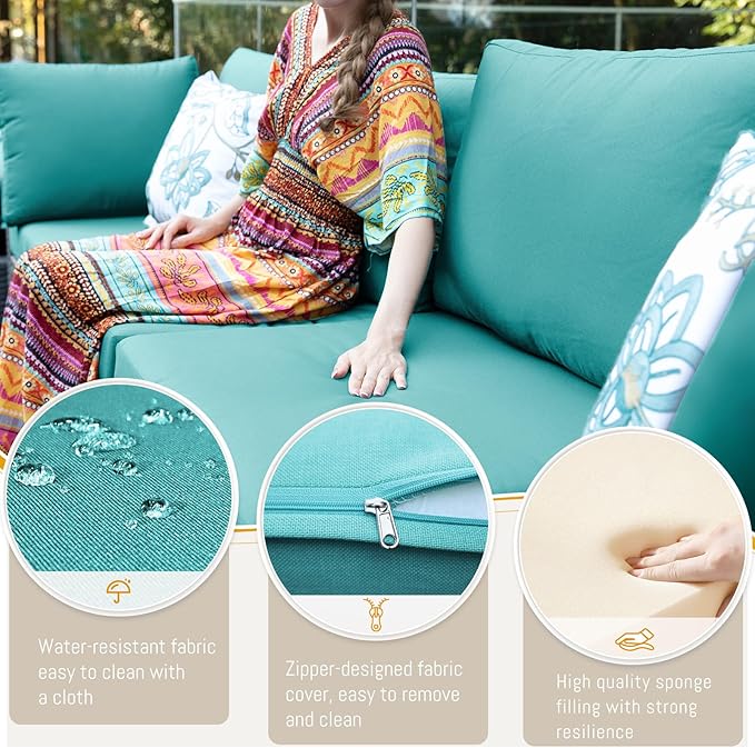 BULEXYARD 11 Piece High Back Wicker Patio Furniture Sets with Fire Pit, Luxury Plus Size Outdoor Seating Set, Comfortable Extra Wide Deep 10-Seater Sectional Couch Sofa for Outside, Brown & Turquoise