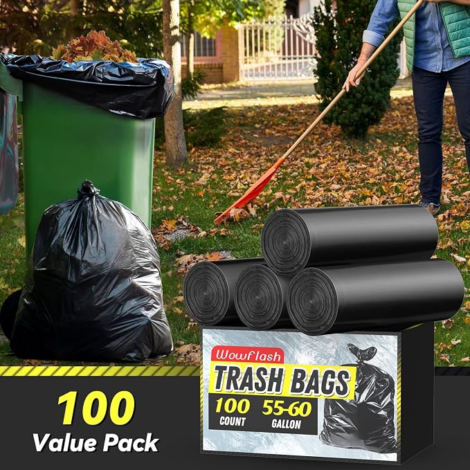 100 Count 55-60 Gallon Trash Bags, Sturdy & Tear-Resistant Commercial Can Liners 55 Gallon, Large Garbage Bags, Large Black Trash Bags for Commercial, Lawn and Leaf Bags - Image 2