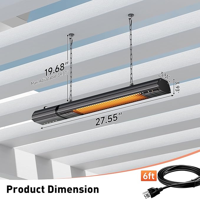 Ceiling Electric Outdoor Heater Wifi Control Wall-Mounted Hanging Patio 1500W Infrared 9 Heat Levels, 24H Timers, Carbon Fiber Tube Heating Wall Heater for Gazebo, Balcony