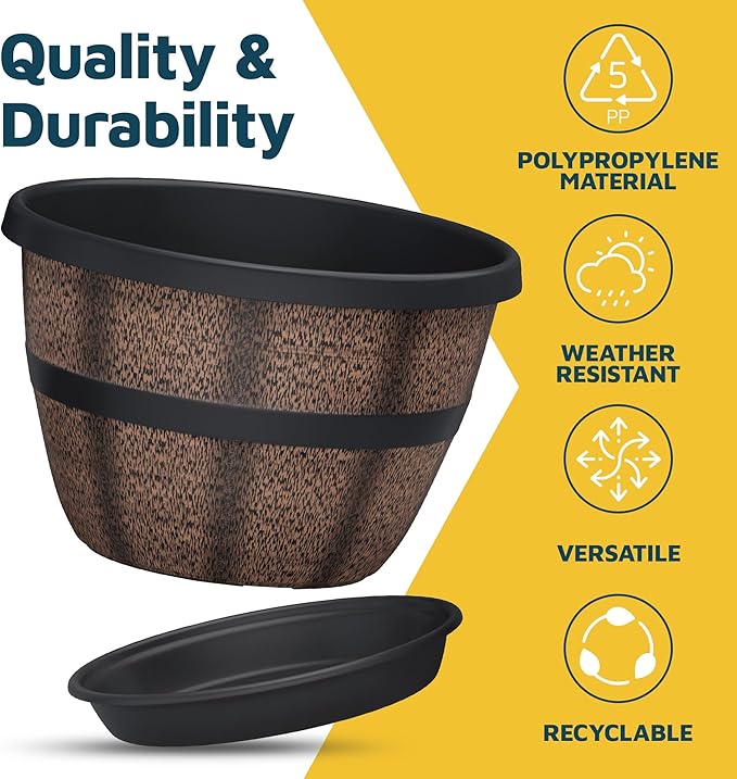 10-Inch Whiskey Barrel Planters Outdoor Pack of 4, Plastic Decoration Plant Pots for Indoor & Outdoor Use with Drainage & Saucer, Rustic Garden Planters for Flowers, Small Plants & Herbs