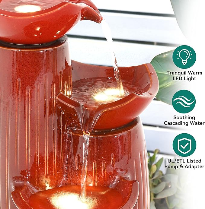 30" H Ceramic Outdoor Water Fountain with LED Lights, 3-Tier Cascading Lotus Bowls Water Feature, Tranquil Waterfall for Relaxing Garden, Patio, Yard, Terracotta Red, Vertical Striped Texture