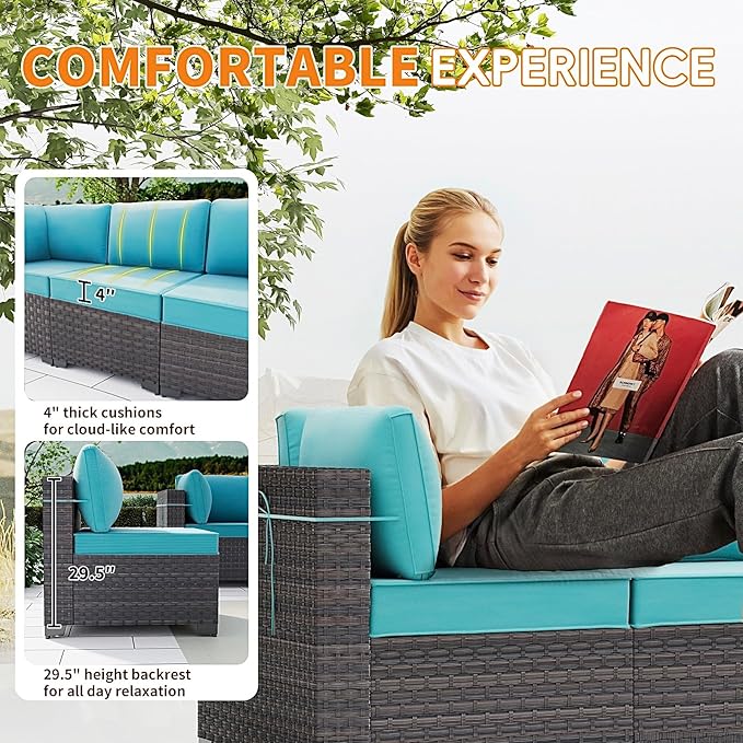 Gotland 8 Pieces Patio Furniture Set with Fire Pit Table, All Weather Rattan Outdoor Furniture with 29.5'' High Backrest 4’’ Thick Cushions Coffee Table, Outdoor Sectional for Porch, Deck, Blue