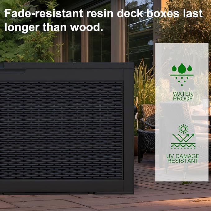 PatioZen 120 Gallon Resin Deck Box, Lockable Weatherproof Outdoor Storage Box for Furniture, Garden Tools and Tools Storage, Waterproof Outside Storage Boxes - Black - Image 4