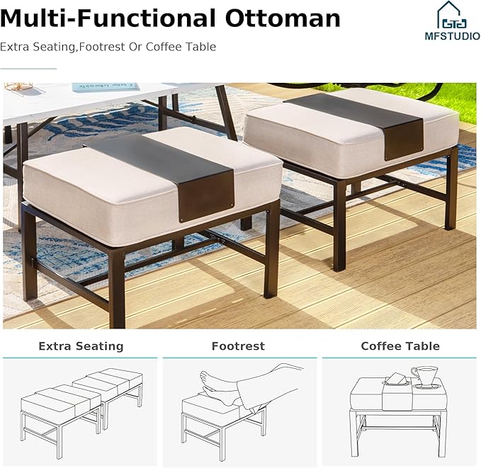 MFSTUDIO 5 Pieces Patio Conversation Sets,Outdoor Metal Furniture Sofas with 1 x 3-Seat Sofa, 2 x Swivel Chairs,2 x Ottoman,Wrought Iron Frame with Beige Cushion for Patio Courtyard Balcony
